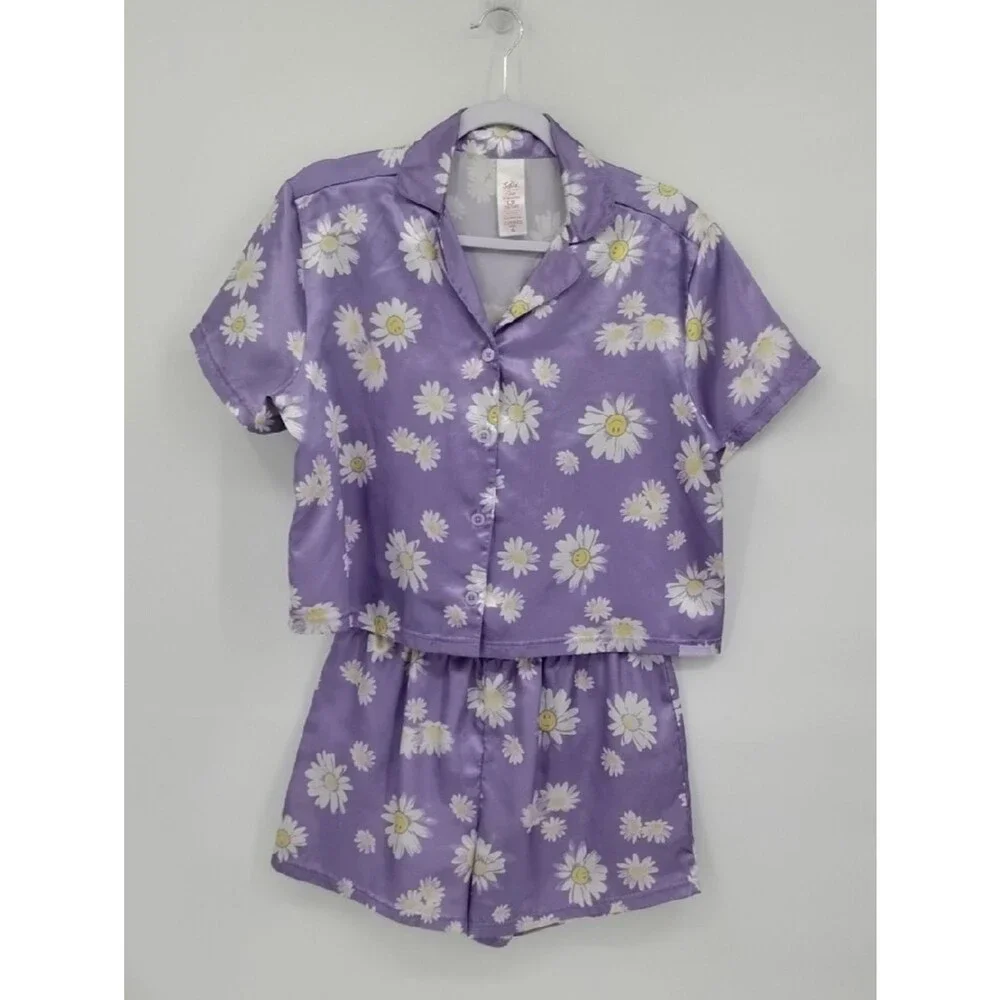 Justice Purple Floral Sleep Top & Shorts Daisy Floral Accents Lp Petite 12/14p